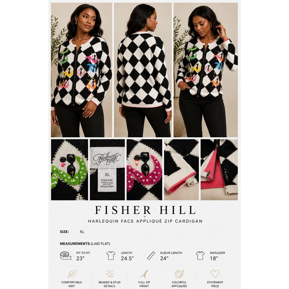 Fisher Hill Vintage Novelty Zip Cardigan XL Black White Argyle BeadedSunglasse